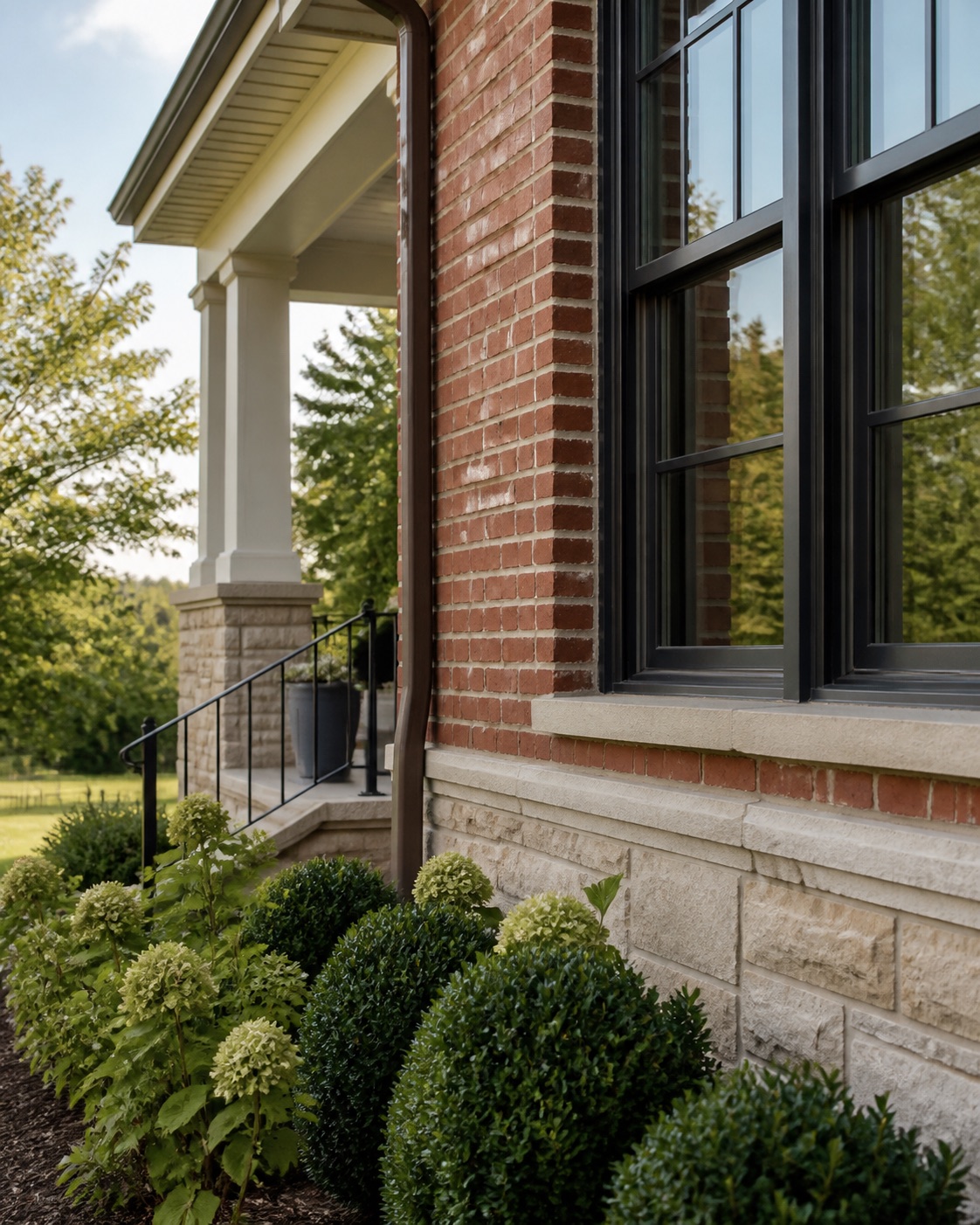 Brick home exterior with a window, porch, and foundation planting